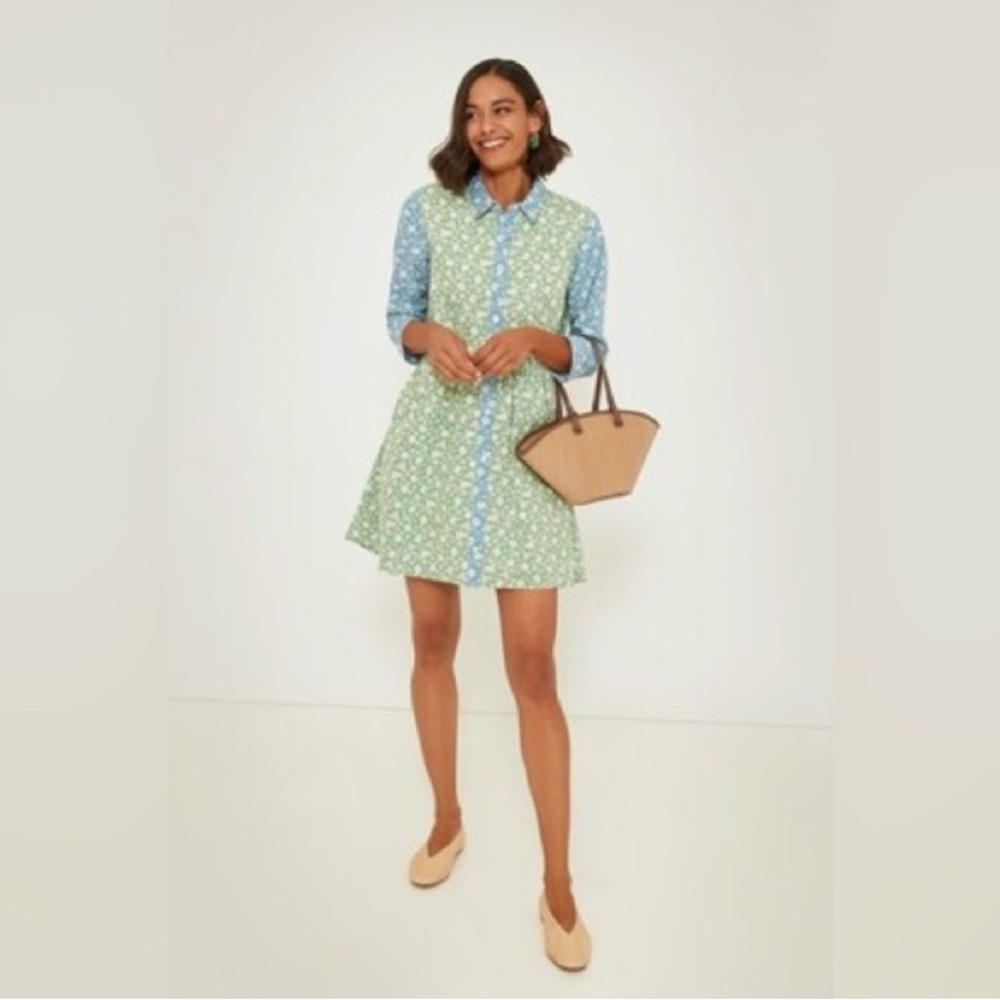 Hyacinth House NEW Blue Green Floral Print Blocked Celeste Shirt Dress Size L